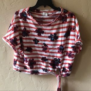 Anthropologie Red Floral Striped Top
